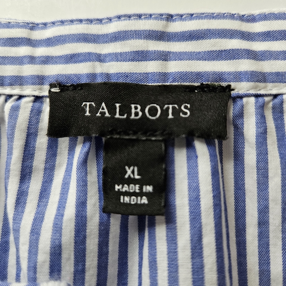 Talbots XL Pinstripe 3D Floral Embroidered Split Neck Tunic Top Peasant Cottage - Picture 7 of 8